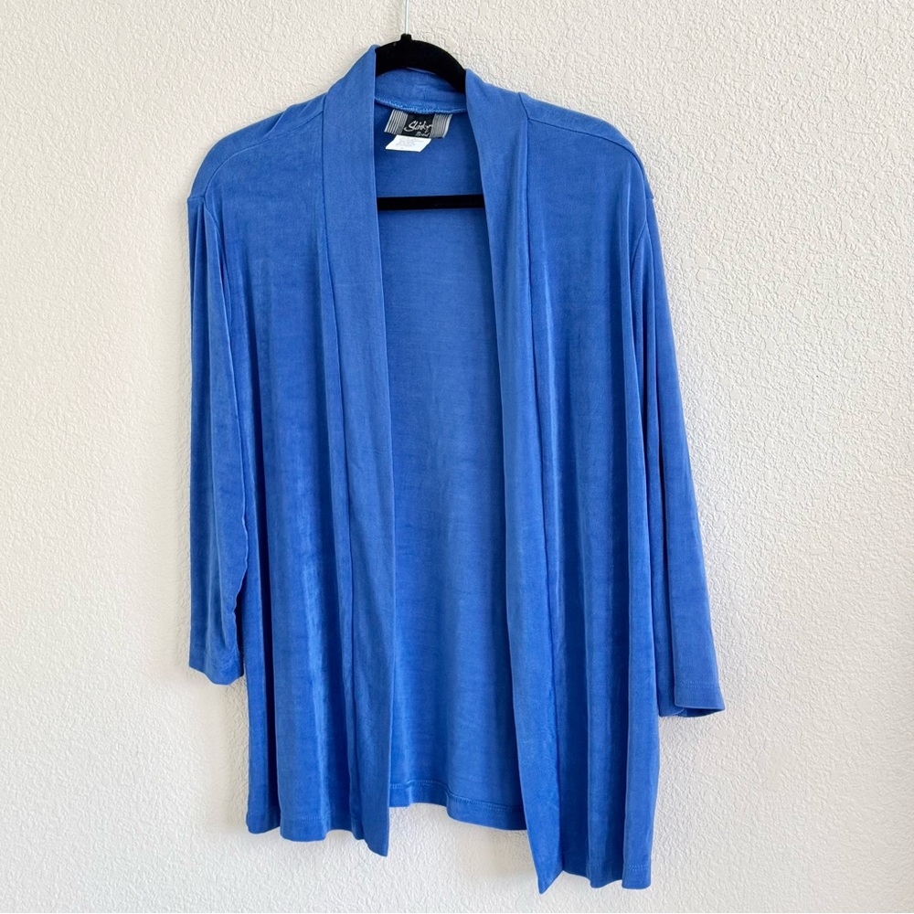 Slinky Brand Size Large Jacket Coverup Blue Open Front Lightweight Woman US Made